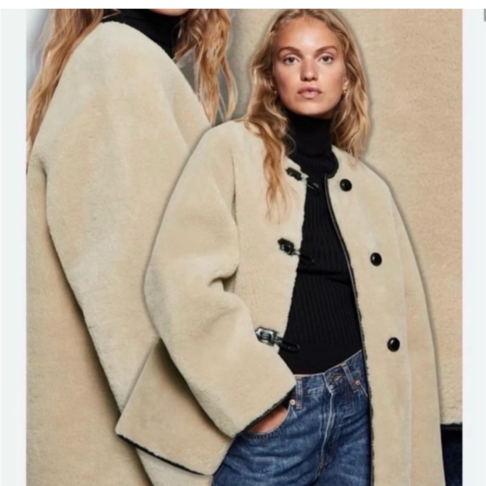 NWT Mango Faux Shearling Fur Effect Coat with Appliqués in Tan/ Dark Brown Sz S
